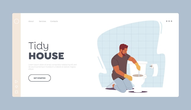 Vector tidy house landing page template man household duties handyman remove blockage with plunger in toilet