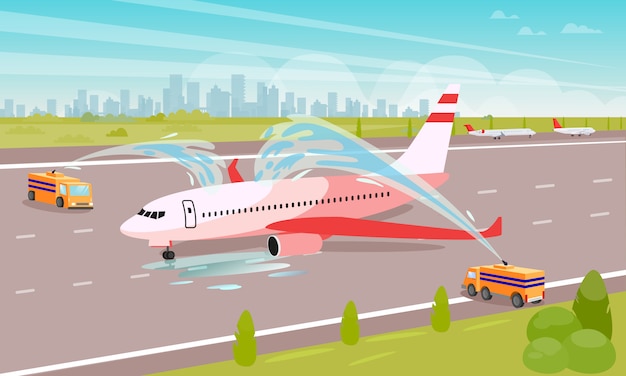 Tidy up airplane at parking flat illustration.