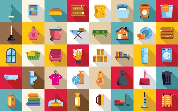 Tidy up icons set flat vector furniture room clean apartment dirty