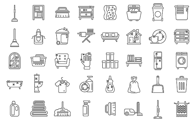 Tidy up icons set outline vector Furniture room Clean apartment dirty