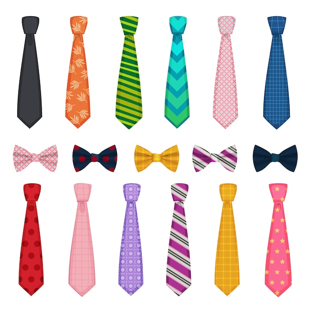 Галстук и бантики. цветные модные аксессуары для мужской рубашки подходят к векторным коллекциям галстуков. галстук-бант и галстук, иллюстрация мужской аксессуара