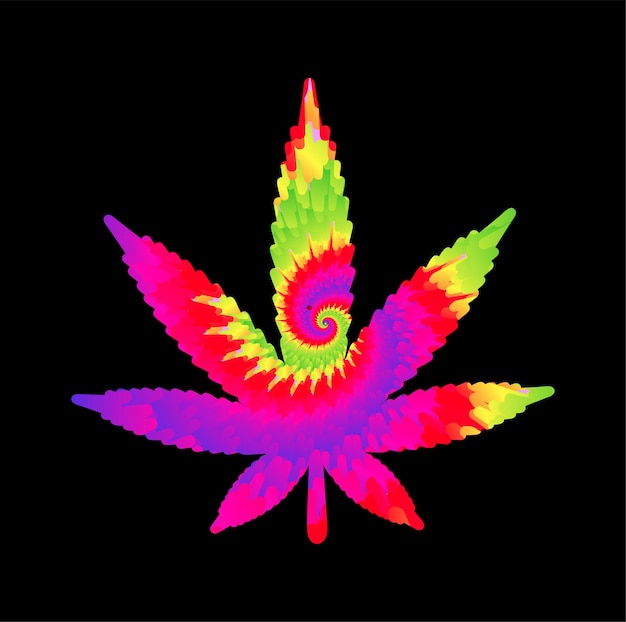 Vettore tie dye psichedelico surreale weed leafvector legato personaggio dei cartoni animati illustrazione logo arte groovy weed leafcannabismarijuana tie dyhippie60s70strippy print per tshirtposterlogo art concept