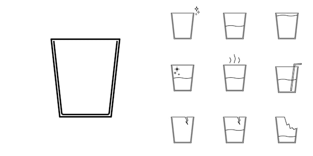 tien sets glazen of bekerlijnpictogrammen. met stro, koud water en warm water. eenvoudig, lijn en schoon