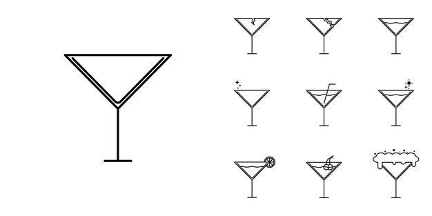 tien sets van martini cocktailglas lijn iconen. met stro, citroen, kers, koud water, frisdrank en schuim