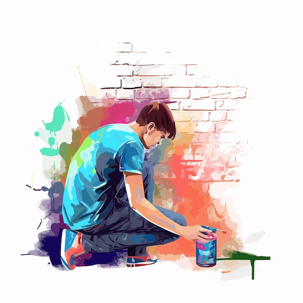 Vector tiener schildert graffiti op een bakstenen muur vector illustratie