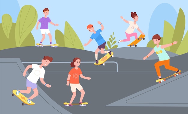 Tiener skater park jeugd actief schaatsen rit skateboard op straat cultuur speeltuin skatepark stedelijke stad sport vrije tijd tiener levensstijl kunst bestuur prachtige vectorillustratie