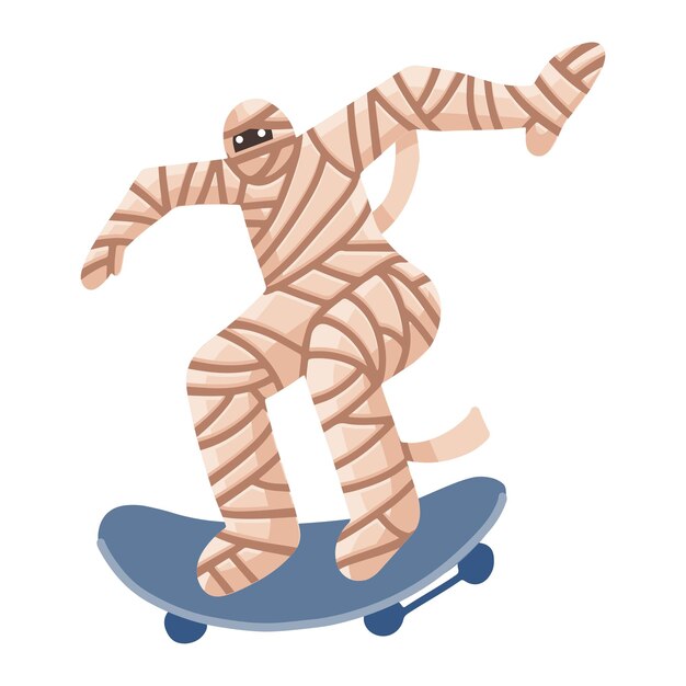 Tiener zombie-mummie die op een skateboard rijdt, een geweldig tienerkarakter dat zijn hobby plat met de hand getekend...