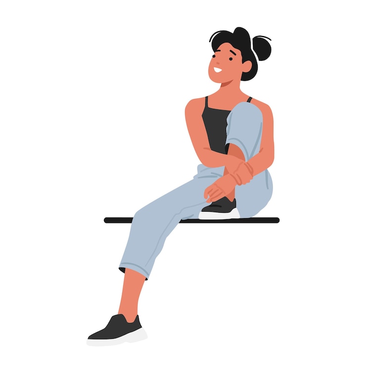 Vector tienermeisje zit terloops op een bankje, verdwaald in haar eigen wereld, observeert haar omgeving met een contemplatieve houding vrouwelijke karakter zittend met opgeheven been cartoon mensen vectorillustratie