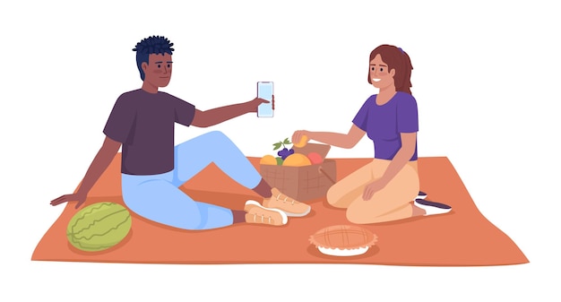 Tieners die genieten van een picknick op deken semi-effen kleur vectorkarakters