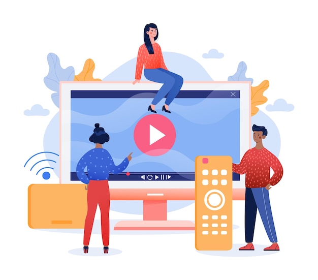 Tieners kijken naar films en spelen samen online thuis entertainment systeem slimme tv plat