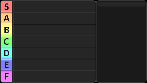 Vector tier list template. ranking screen with tiers grid and sorting box frame. tiers from s to f