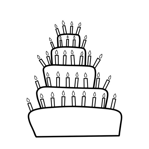 Tiered biscuit cake with burning wax candles dessert for holiday doodle linear cartoon