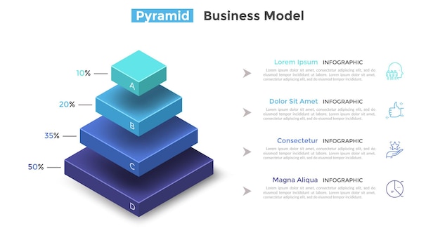 Diagramma piramidale a più livelli con 4 segmenti o strati e indicazione percentuale. concetto di quattro livelli di gerarchia. modello di progettazione infografica moderna. illustrazione vettoriale per presentazione, brochure.