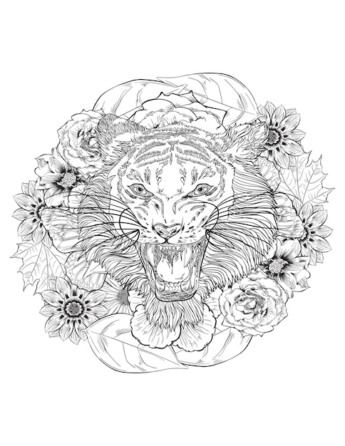 大人と子供のための虎と花のフレームの手描き曼荼羅ぬりえページ