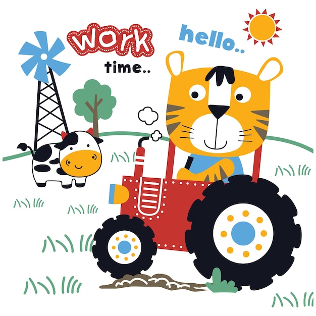 農場の虎とトラクター面白い動物の漫画