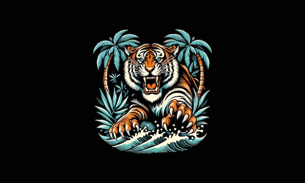 tiger angry with palm vector flat design