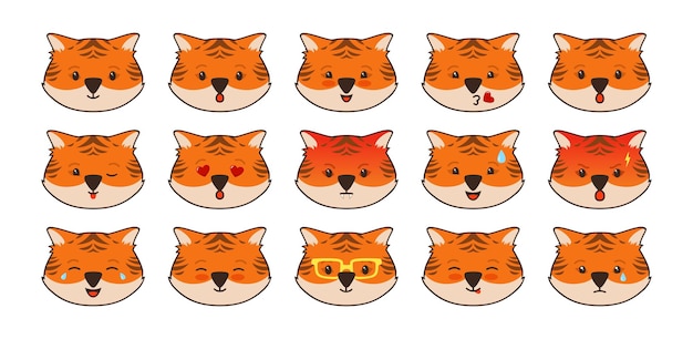 Vector tiger animal emoji faces set character comic avatar