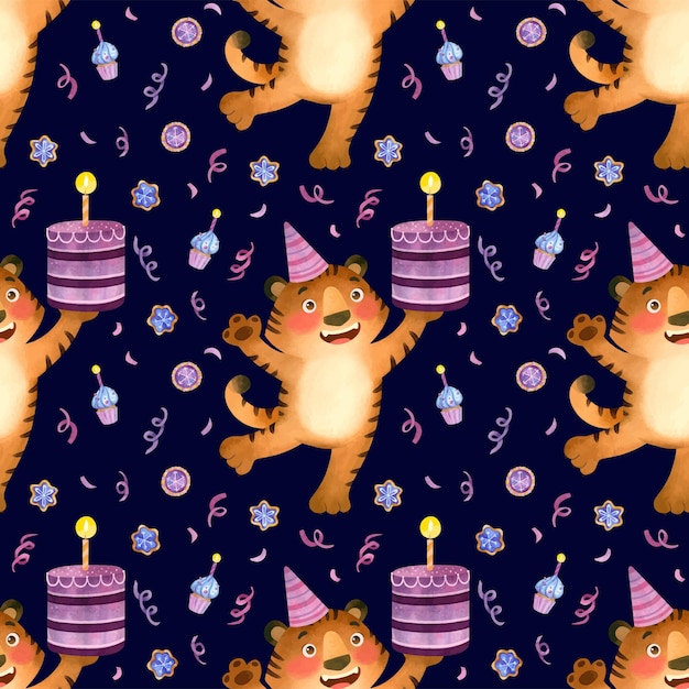 Tiger in a birthday cap and with a cake, seamless pattern for birthday.