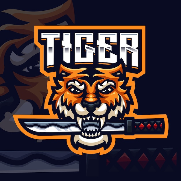 Vector tiger biting sword mascot gaming logo template for esports streamer facebook youtube