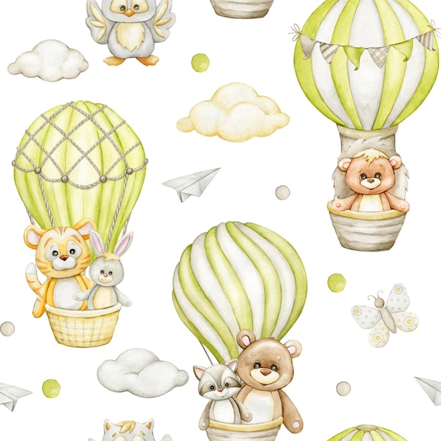 Vector tiger bunny raccoon bear hedgehog owl flying on balloons watercolor seamless pattern forest