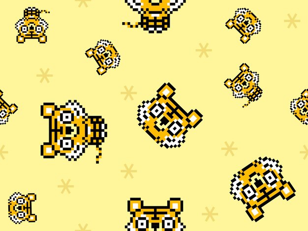 Vettore modello senza cuciture del personaggio dei cartoni animati della tigre su stile backgroundpixel giallo