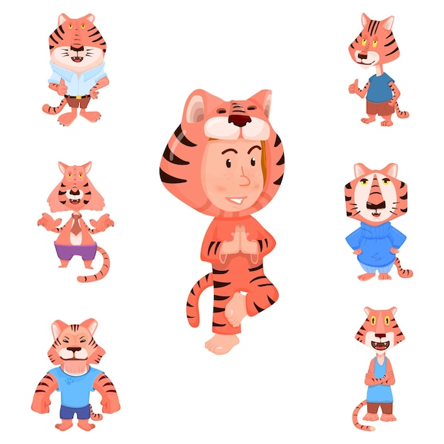 Tiger cartoon characters flat style and child in tiger carnival costume.