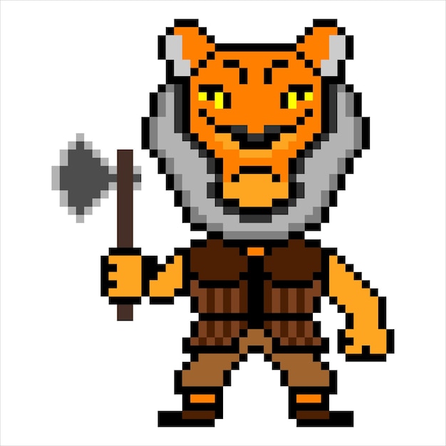 Tiger cartoon Fighter krijger met pixelart. Vector illustratie.