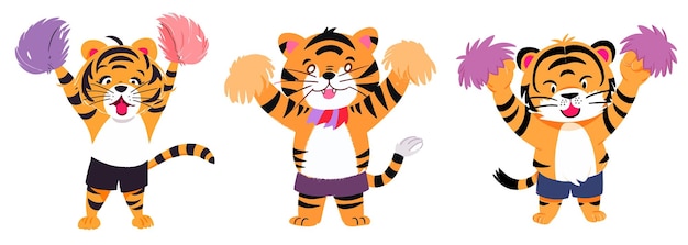 Vector tiger cheerleaders come on white background isolated illustration minimal flipart vector style