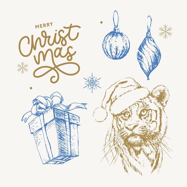 Vector tiger in christmas hat. print on a postcard or poster. vector illustration. holiday card. new year's and christmas. santa claus.