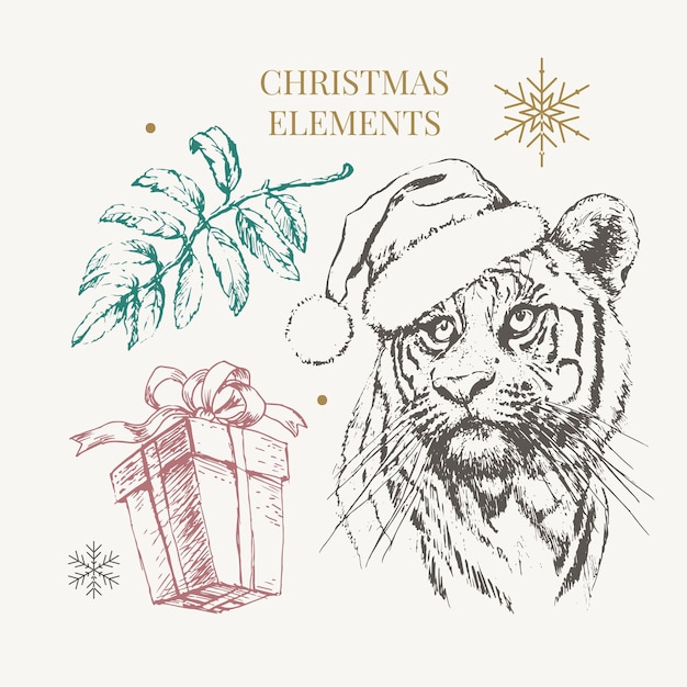tiger in christmas hat print on a postcard or poster vector illustration holiday card new years and ...