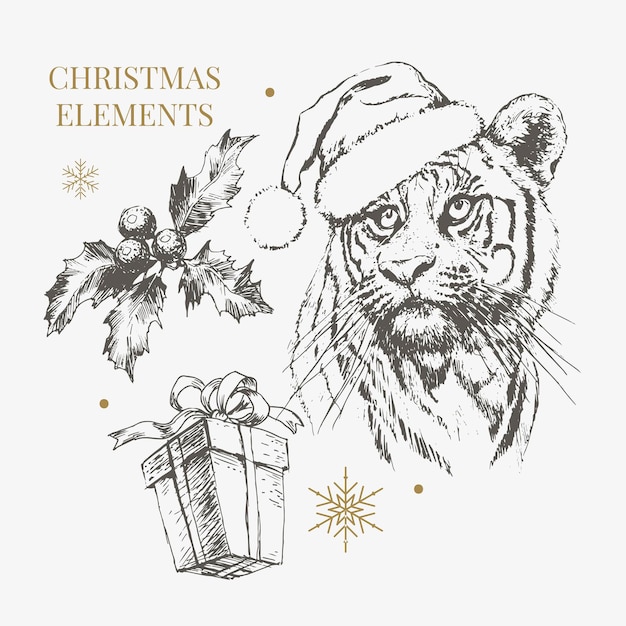 tiger in christmas hat print on a postcard or poster vector illustration holiday card new years