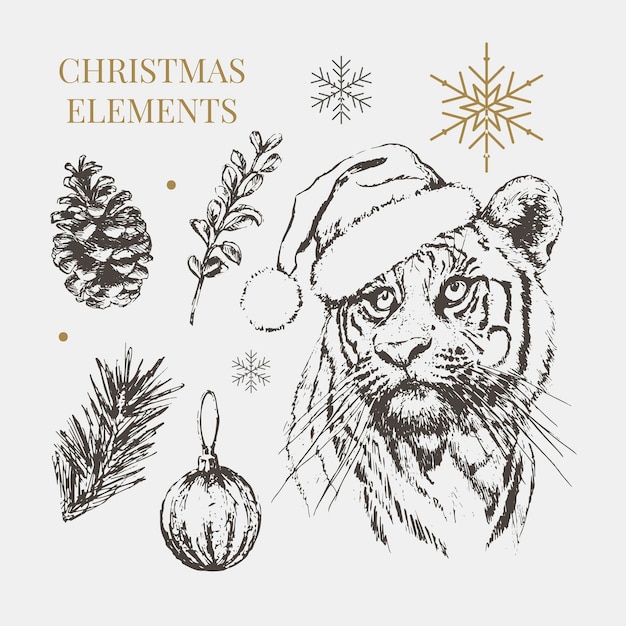 tiger in christmas hat print on a postcard or poster vector illustration holiday card new years and ...