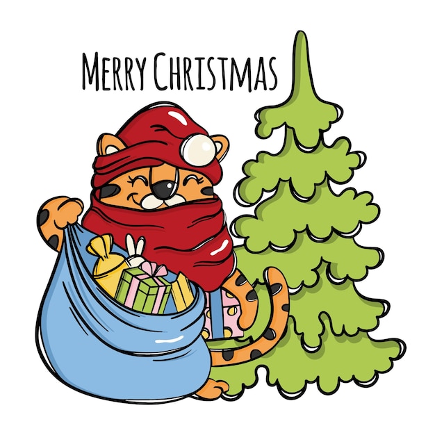 ТИГР РОЖДЕСТВЕНСКИЙ Санта-Клаус с мешком подарков Смеющийся милый животное Младенец и елка Новогоднее поздравление Мультфильм рисованной эскиз Набор векторных иллюстраций