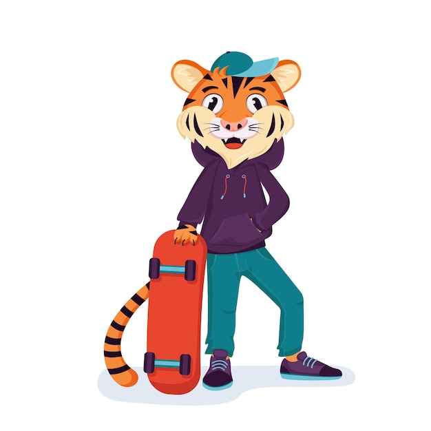 a tiger in clothes stands with a skateboard in his hands anthropomorphic symbol of the year