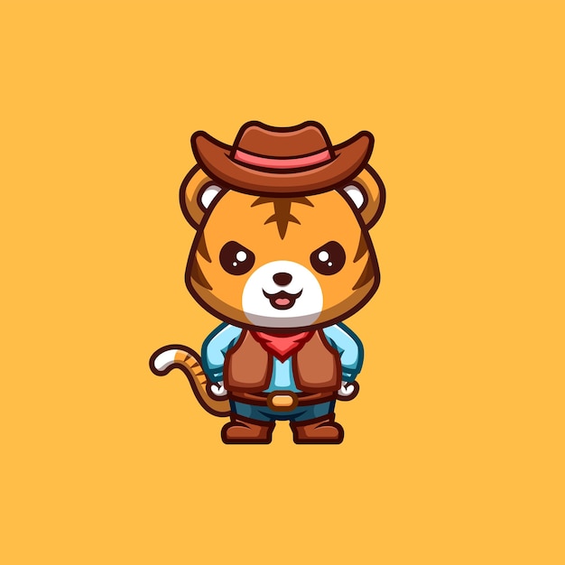 Logo della mascotte del fumetto di kawaii creativo sveglio del cowboy della tigre