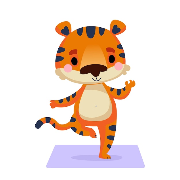 A tiger cub is standing on a mat in a yoga pose on one leg Animal sports Vector illustration