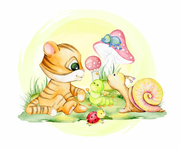 Tiger Cub, Ladybug, Beetle, Caterpillar. Watercolor, Clipart, On An Isolated Background.