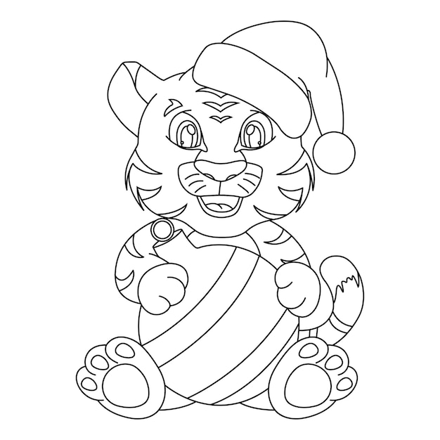 A tiger cub in a New Year's hat of Santa Claus is sitting with a New Year's toy ball hand drawing line