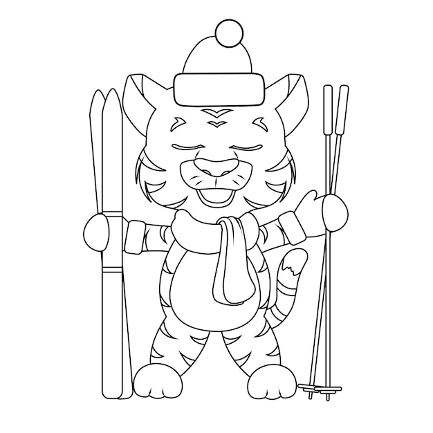 A tiger cub in a New Year's hat scarf and mittens stands with skis and ski poles line sketch