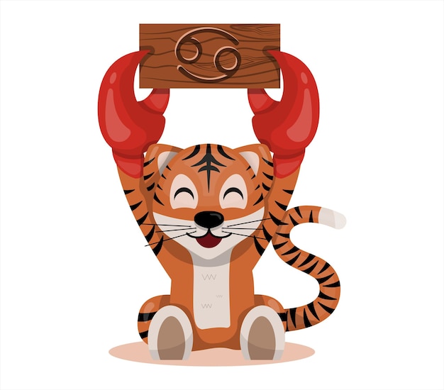 Tiger cub with cancer zodiac sign astrological sign icon vector cartoon illustration horoscope and e...