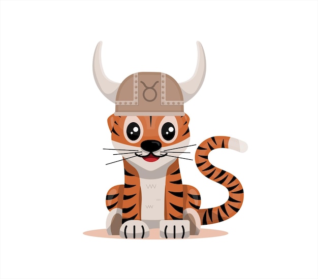 Tiger cub with taurus zodiac sign astrological sign icon vector cartoon illustration horoscope and e...