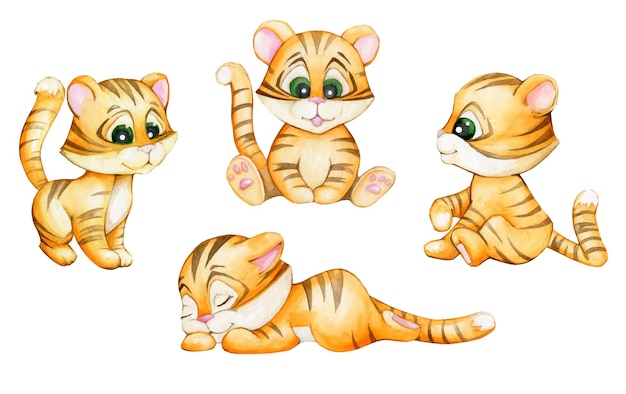 Tiger cubs, in cartoon style, on an isolated background. A watercolor set of animals.