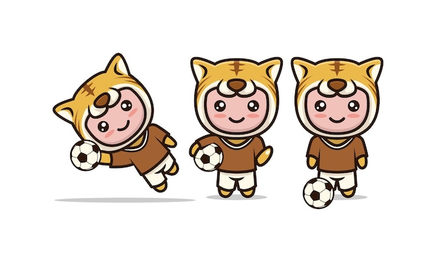 Insieme di vettore dell'illustrazione di progettazione relativa al calcio della mascotte sveglia della tigre