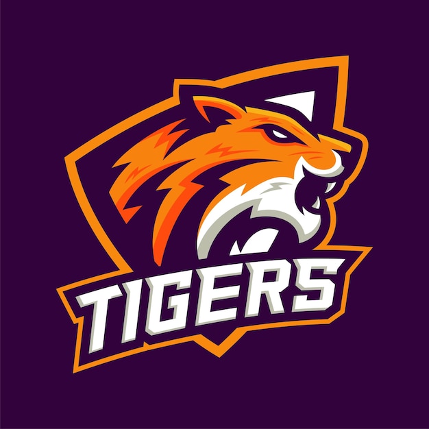 Vettore disegno del logo della mascotte del gioco di esportazione della tigre icona di vettore del distintivo della testa di tigre ruggente arrabbiata
