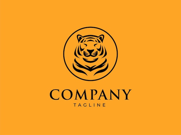 Tiger Face Head Majestic Animal Logo Design Vector Template Black on Orange Background