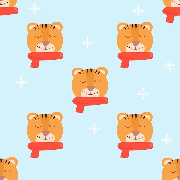 Vector tiger face with red scarf blue snowflake background seamless pattern vector cartoon illustration