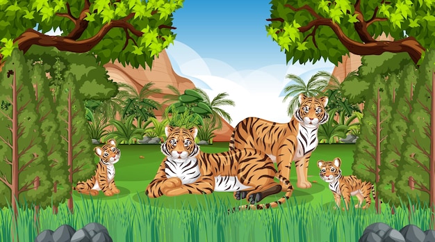 多くの木がある森や熱帯雨林のシーンで虎の家族