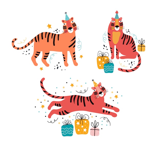 Tiger flat  illustration with greeting typography. Birthday, holiday, new year, animal party hand drawn set. Funny wild cat character in holiday. Festive decoration, gifts, confetti, serpentine