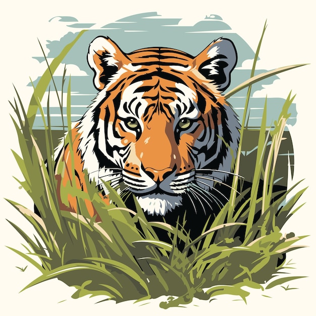 Vettore tigre nell'erba illustrazione vettoriale di un animale selvatico