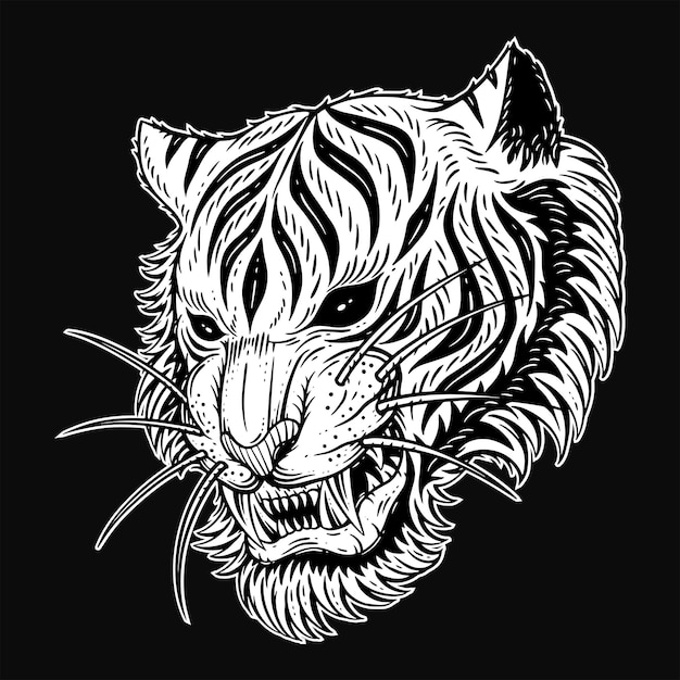 Vector tiger head angry beast roaring fangs for tattoo clothing and merch black and white hand drawn illustration